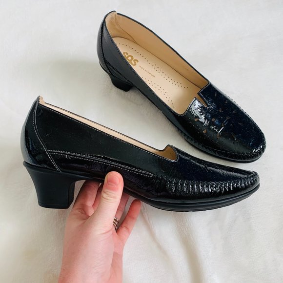 SAS Patent Leather Kitten Heel Loafers Black 9 - Picture 2 of 9